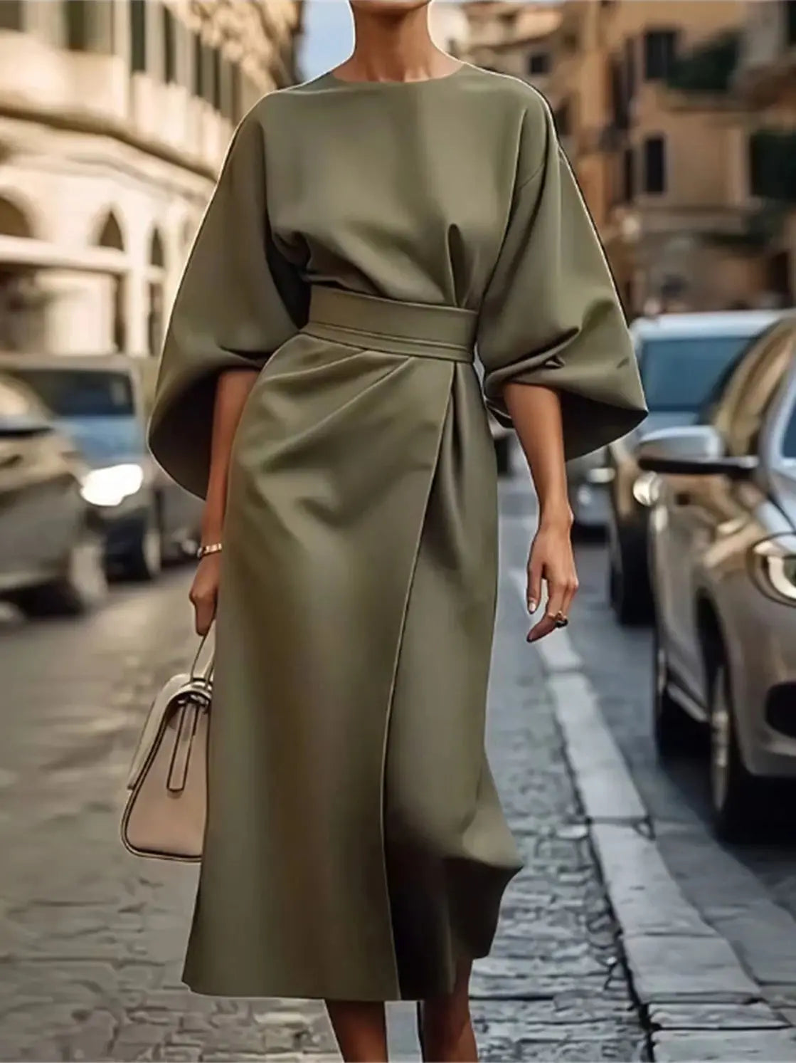 Women's A-Line Midi Dress with Belted Waist