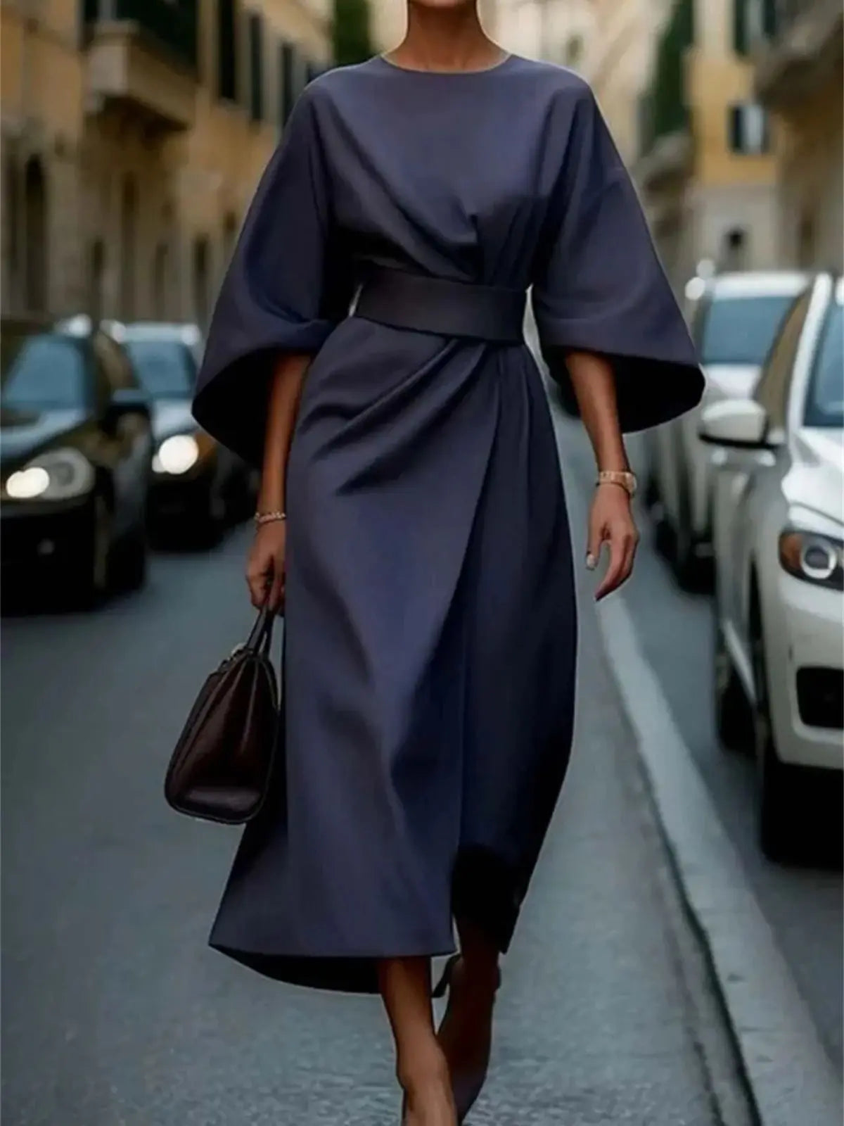 Women's A-Line Midi Dress with Belted Waist