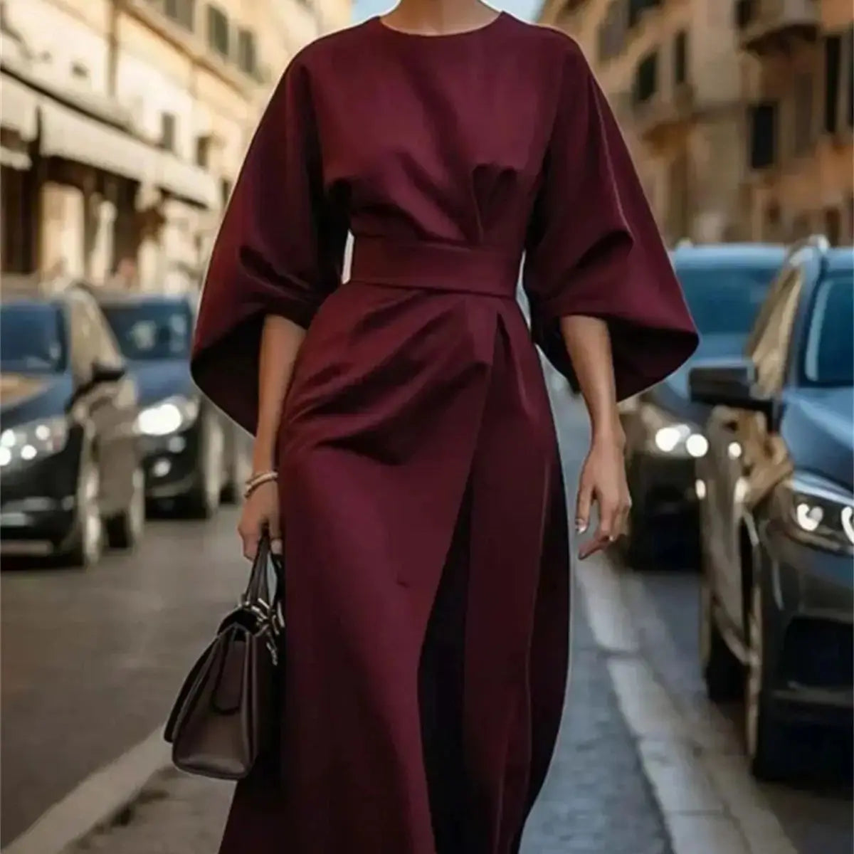 Women's A-Line Midi Dress with Belted Waist