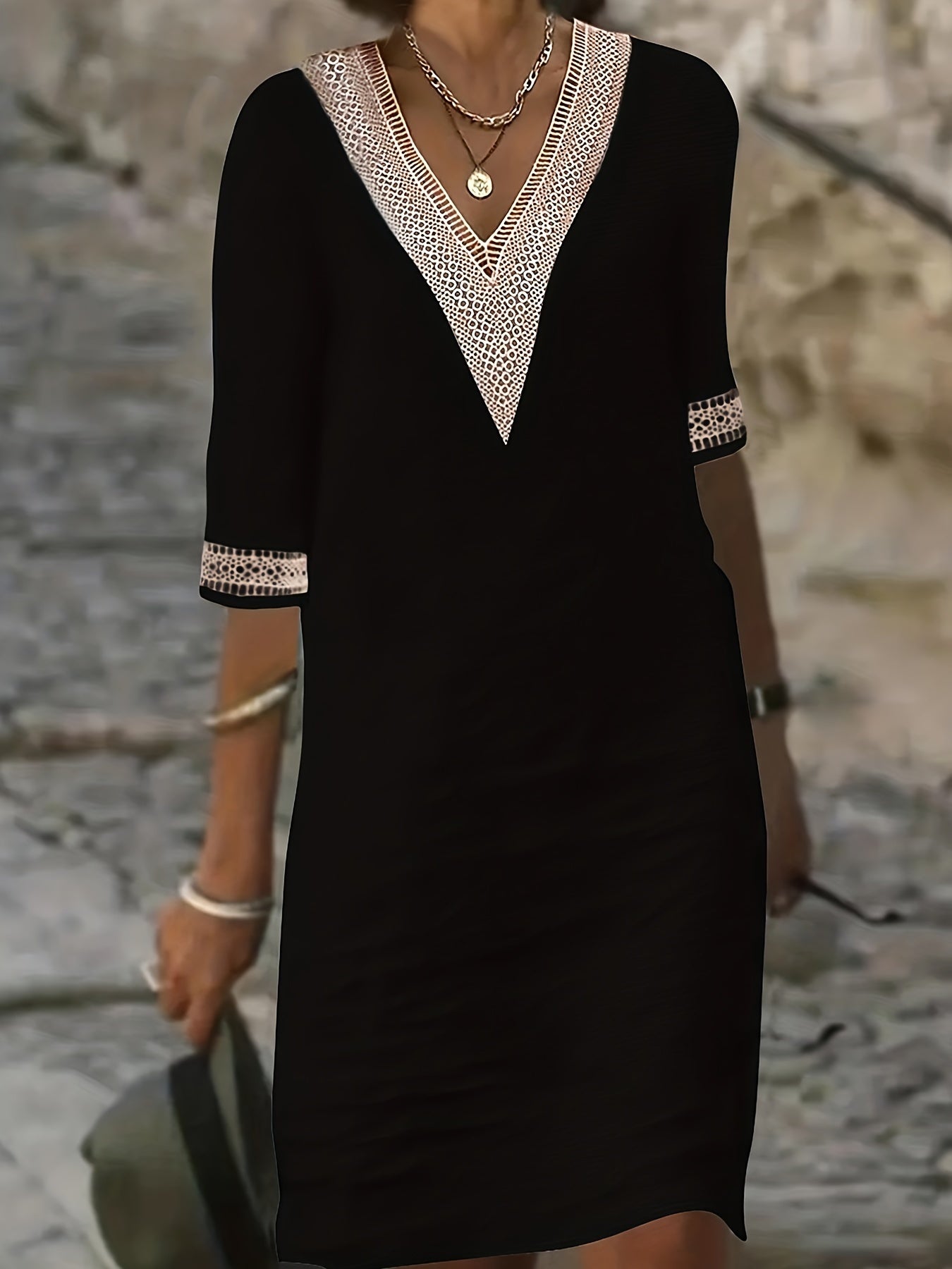Women’s V-Neck Dress with Lace Detail