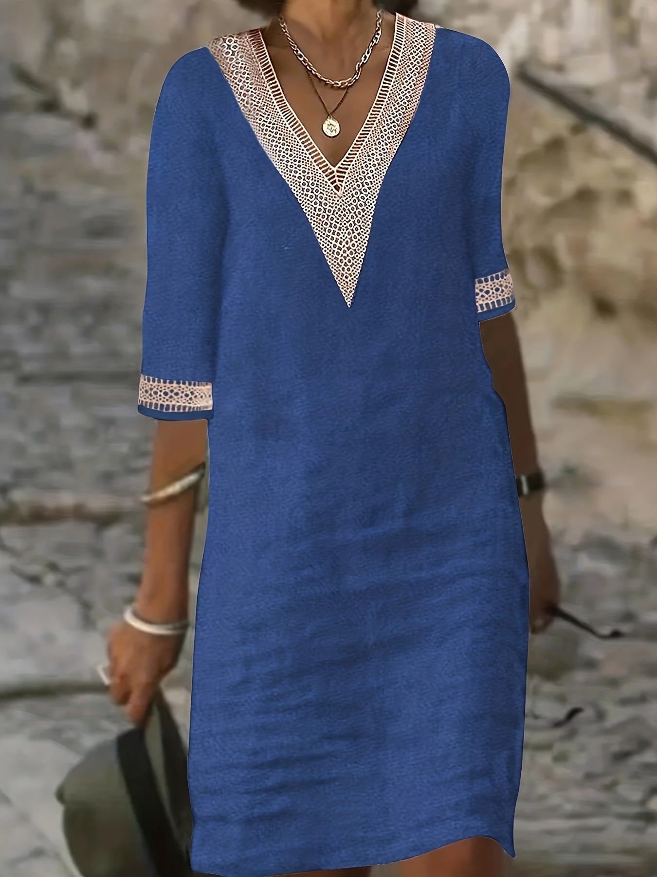 Women’s V-Neck Dress with Lace Detail