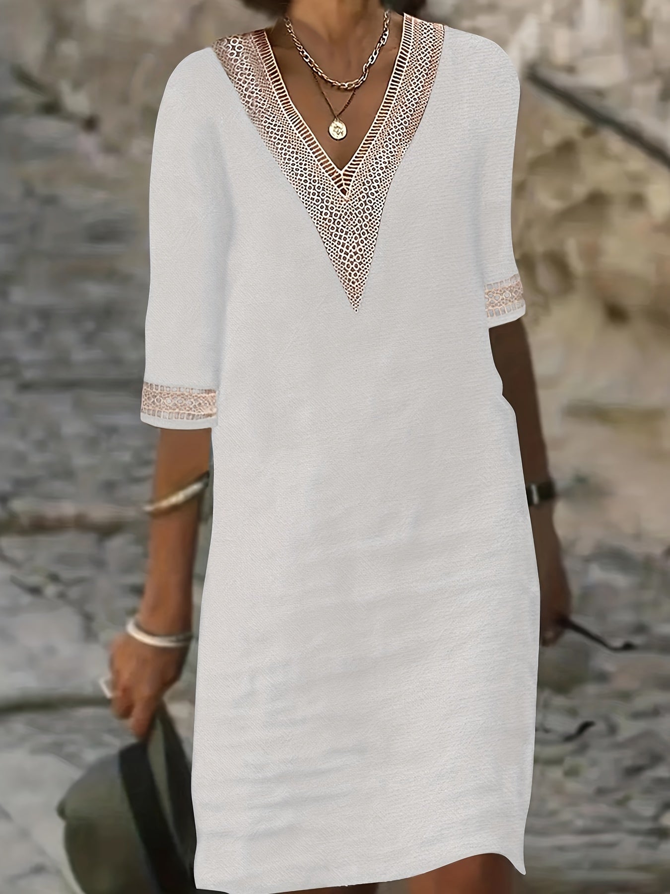 Women’s V-Neck Dress with Lace Detail