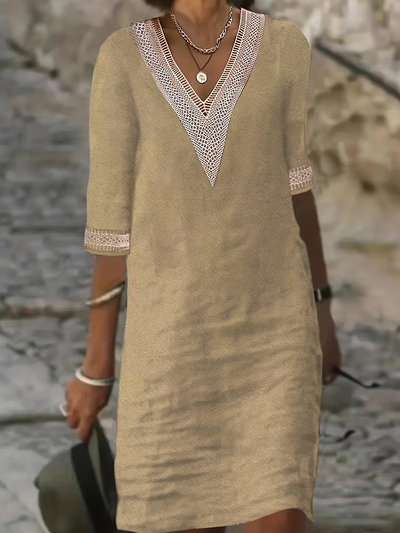 Women’s V-Neck Dress with Lace Detail