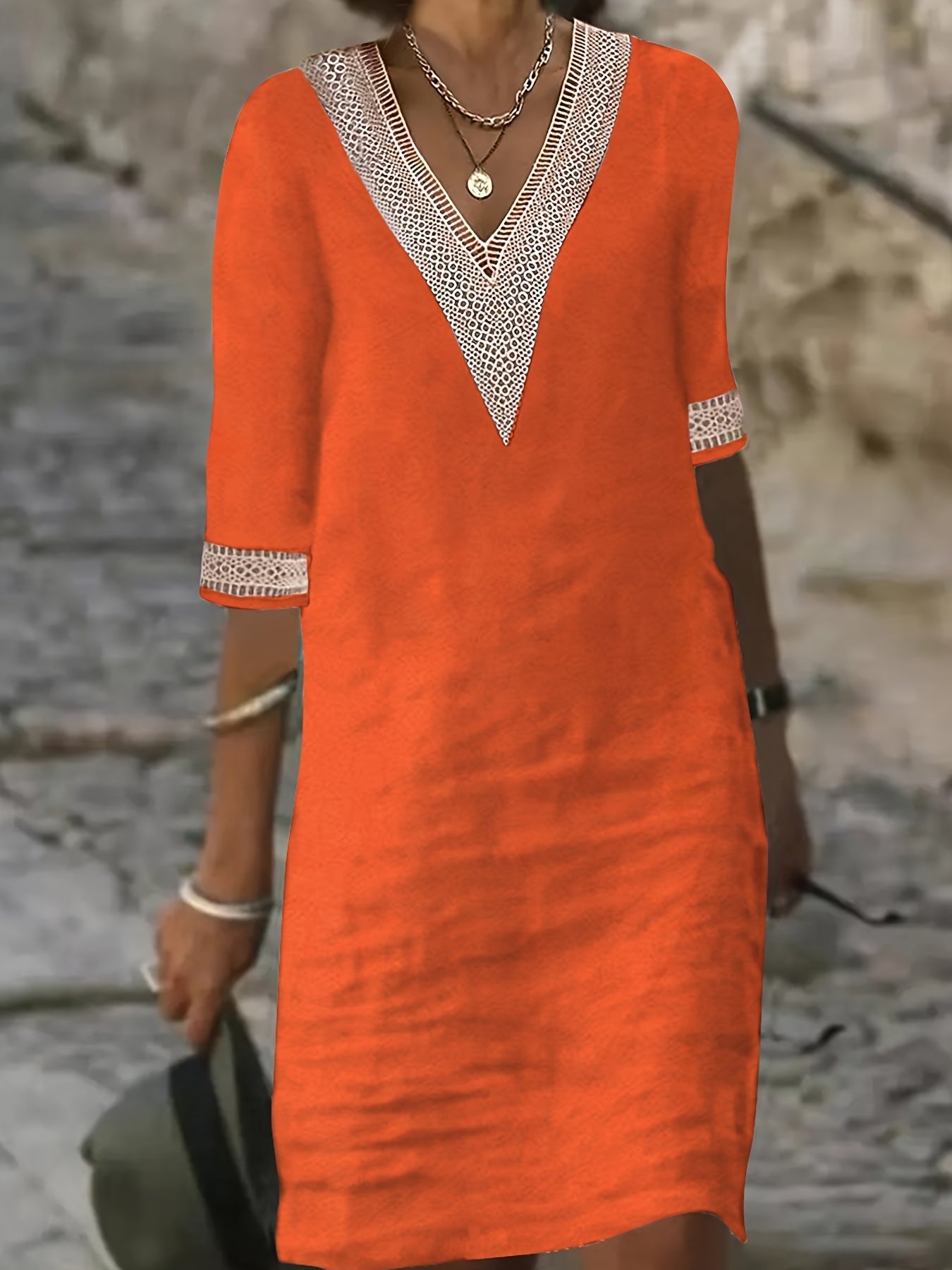 Women’s V-Neck Dress with Lace Detail