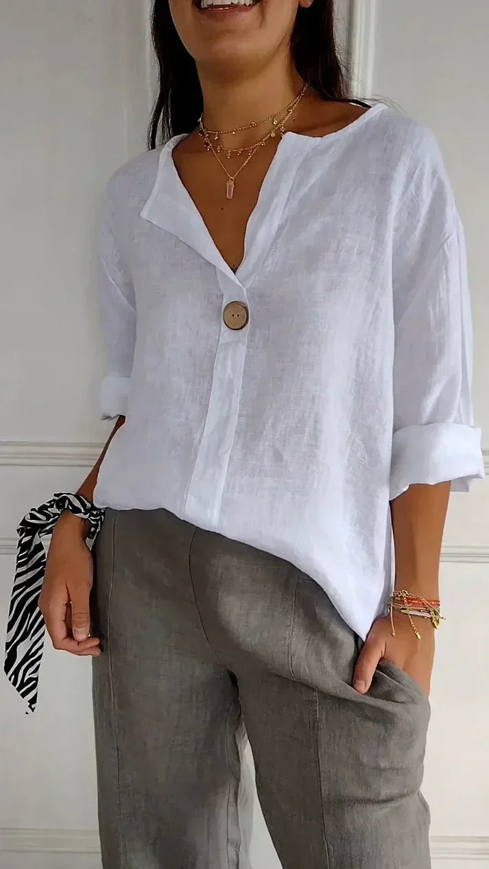 Women's Comfortable Cotton and Linen Top with Classic V-Neck Design