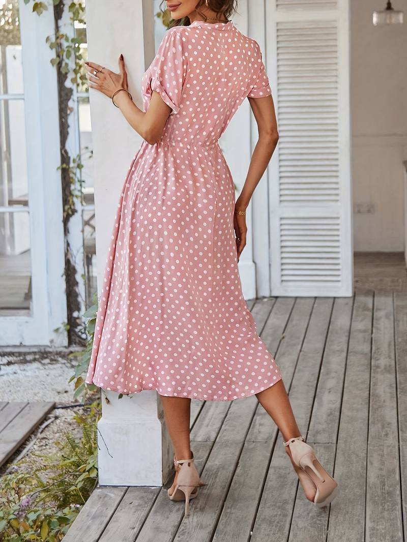 Women's Charming Polyester A-Line Dress with V-Neck and Polka Dot Print