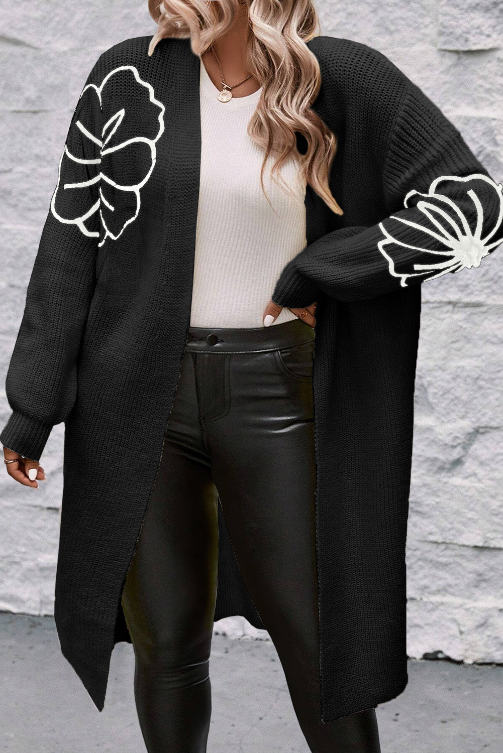 Women's Chic Long Open Drop Shoulder Cardigan with Floral Embroidery | Ideal for Winter