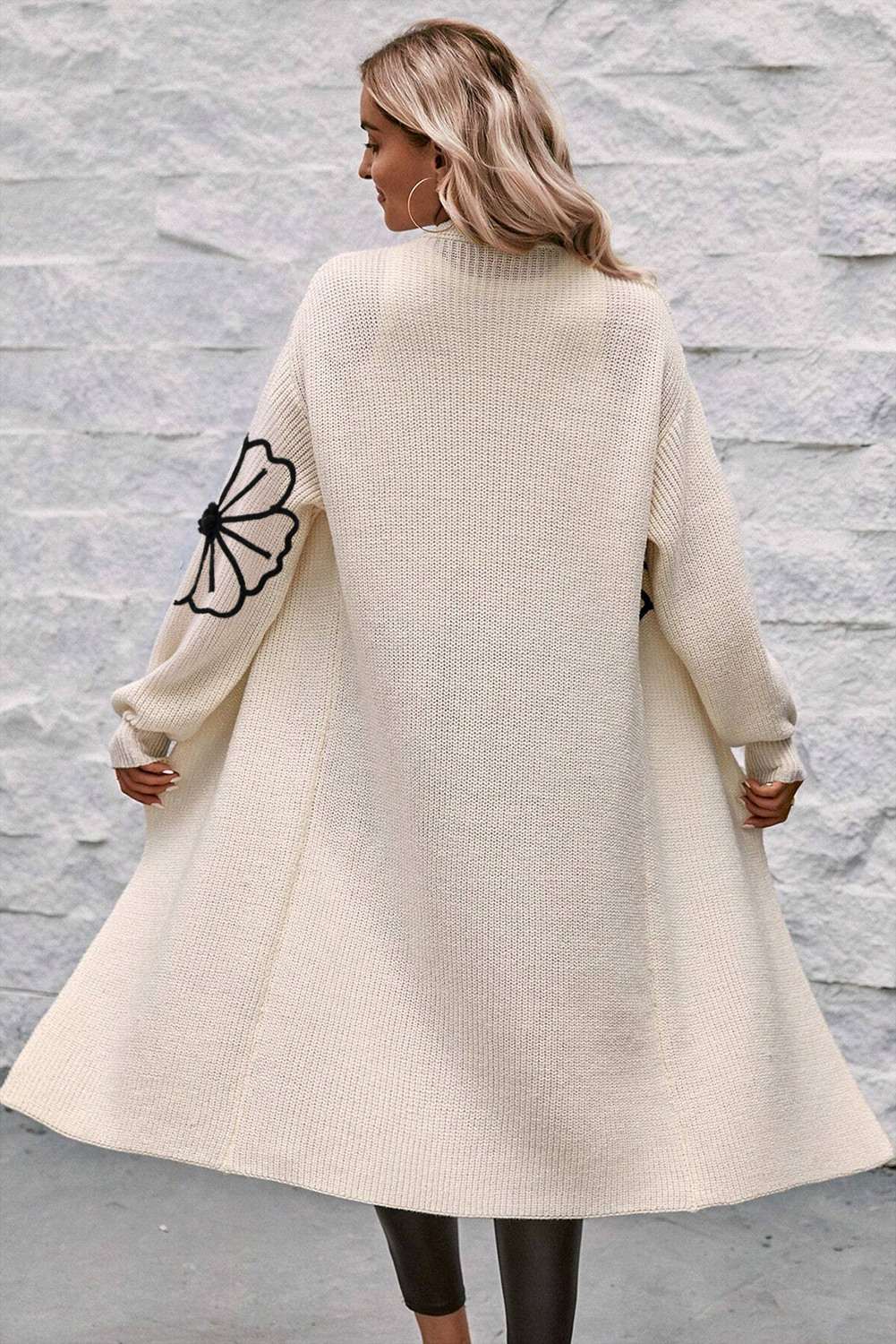 Women's Chic Long Open Drop Shoulder Cardigan with Floral Embroidery | Ideal for Winter