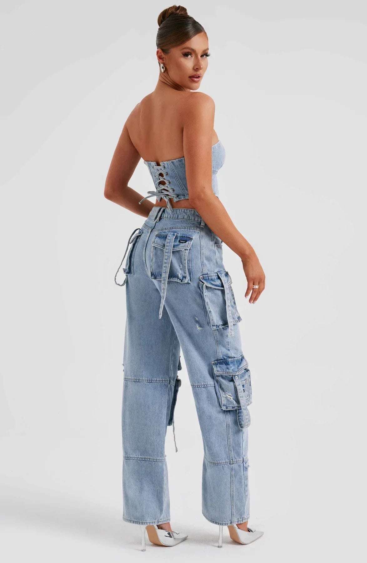 Women's Chic Denim Set with Corset Top and Relaxed Cargo Pants