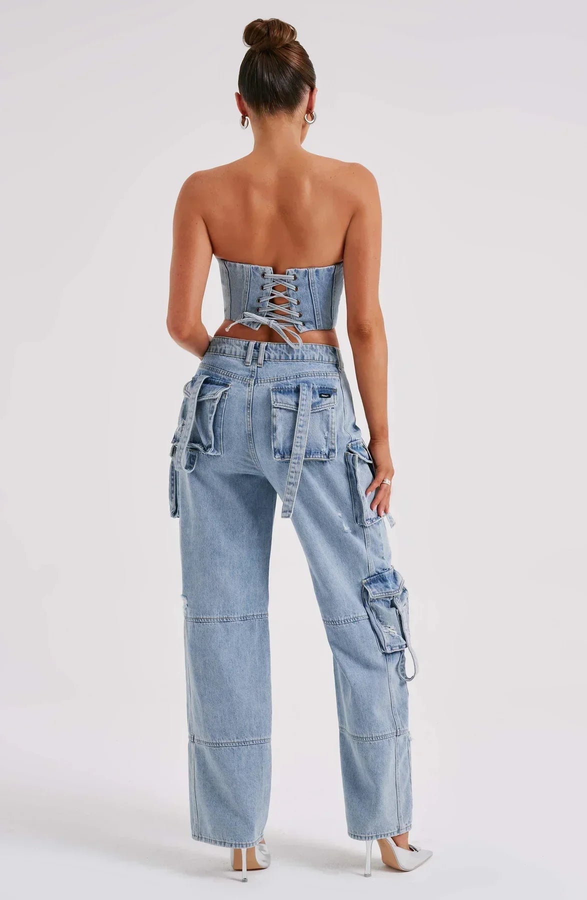 Women's Chic Denim Set with Corset Top and Relaxed Cargo Pants