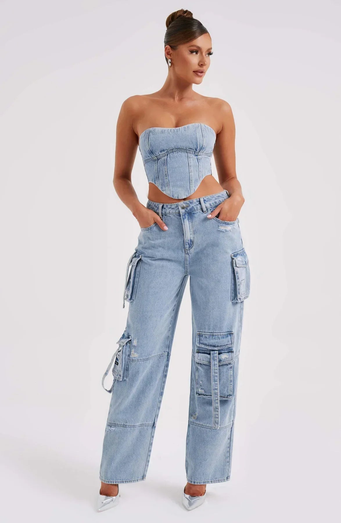 Women's Chic Denim Set with Corset Top and Relaxed Cargo Pants