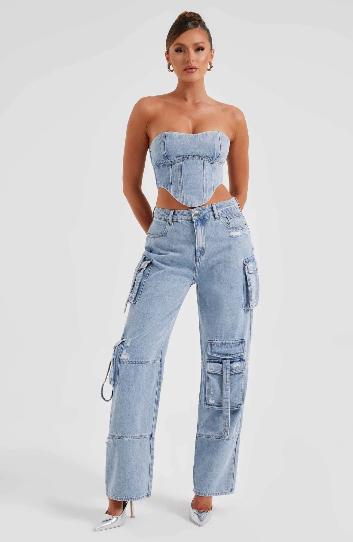 Women's Chic Denim Set with Corset Top and Relaxed Cargo Pants