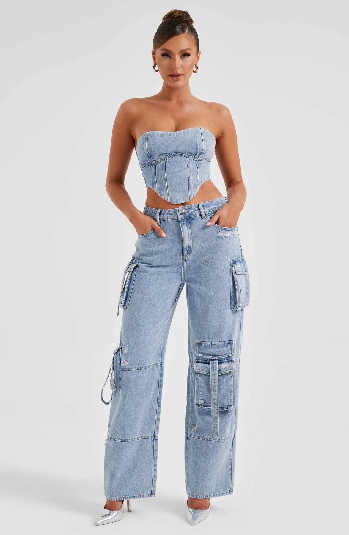 Women's Chic Denim Set with Corset Top and Relaxed Cargo Pants