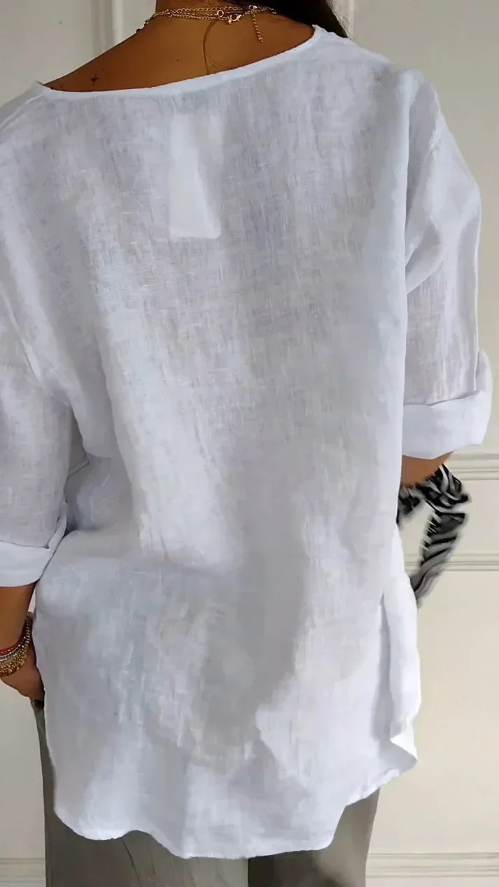 Women's Comfortable Cotton and Linen Top with Classic V-Neck Design