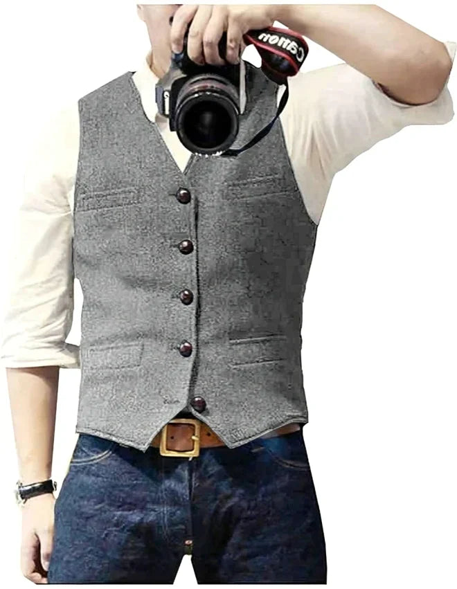 Men's Modern Denim Blazer with V-Neck Design for Casual and Formal Occasions