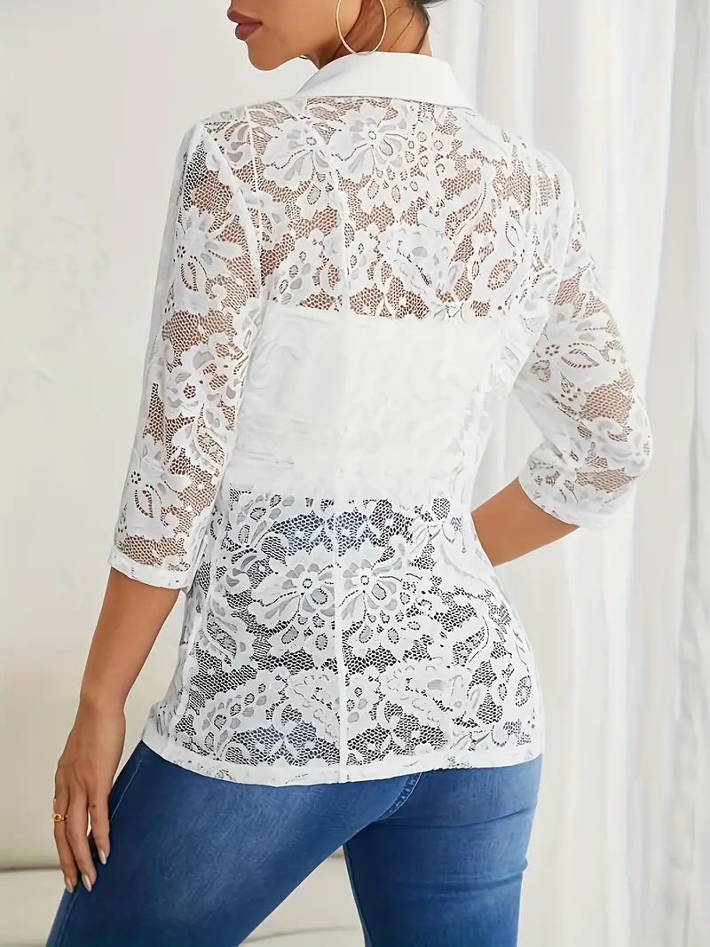 Women's Elegant white lace blazer with notched lapel | Perfect for Casual Days