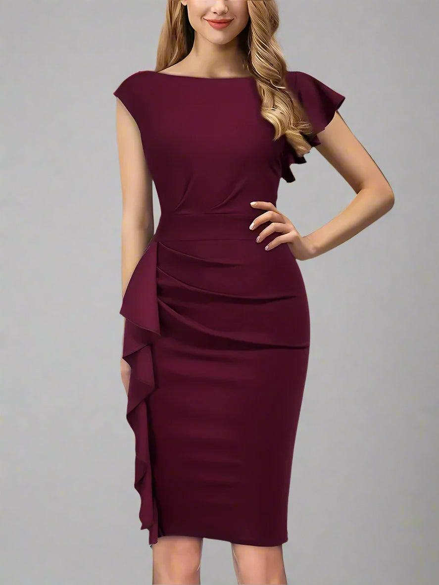 Solid Ruffle Trim Boat Neck Midi Dress for Women