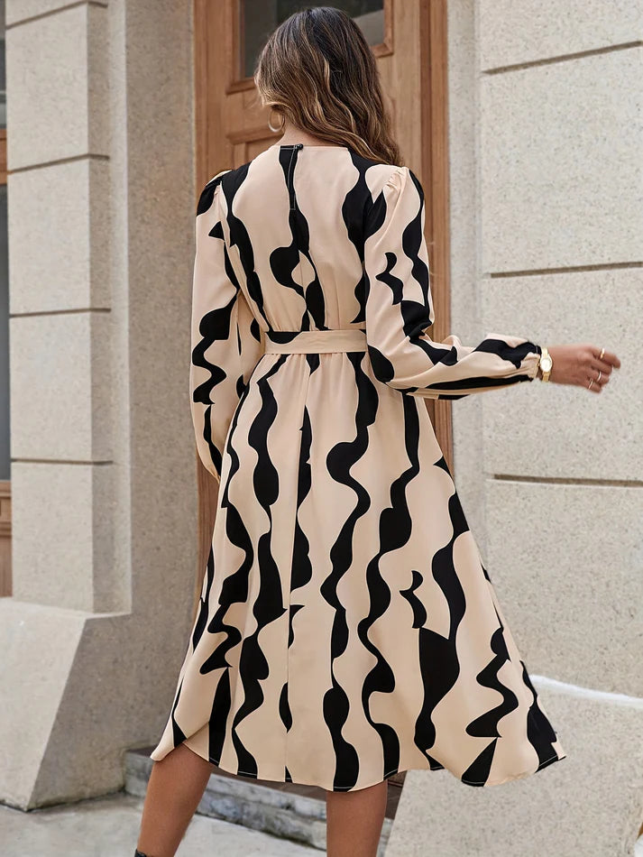 Stylish Allover Print Crew Neck Long Sleeve Tie Waist A-Line Formal Dress for Women | Ideal for Formal Occasions
