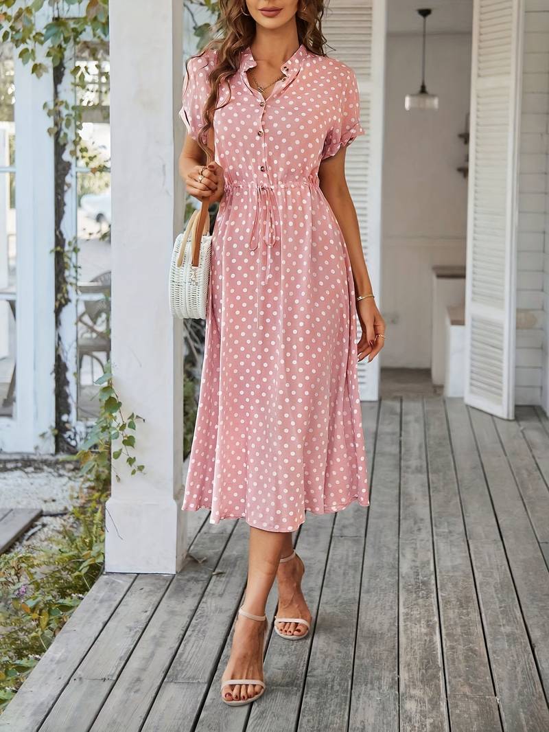 Women's Charming Polyester A-Line Dress with V-Neck and Polka Dot Print