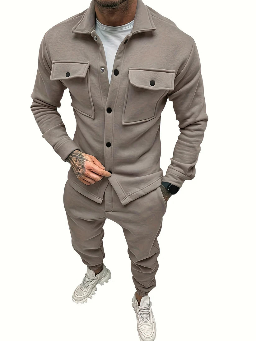 Luxurious Cotton Tracksuit Solid Color Button Up Shirt and Pants Casual For Men | Perfect for Casual Days