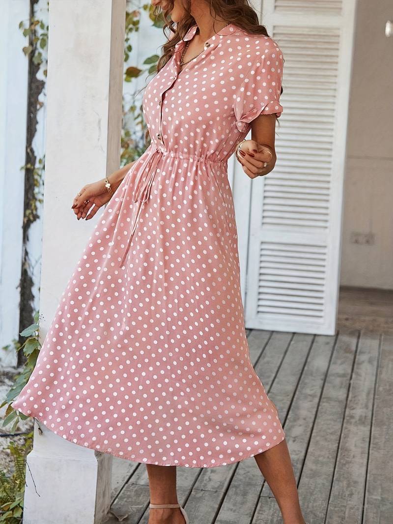 Women's Charming Polyester A-Line Dress with V-Neck and Polka Dot Print