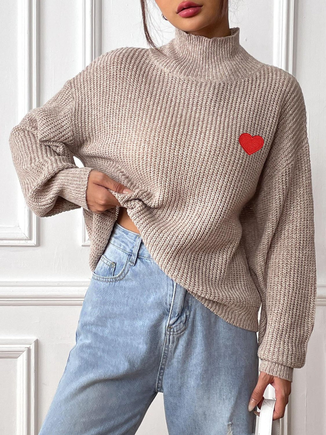 Women's Fashionable Khaki Cashmere Turtleneck Jumper with Heart Detail | Ideal for Winter
