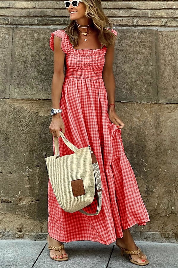 Women's Stylish Fabric Maxi Dress with Chic Checked Pattern