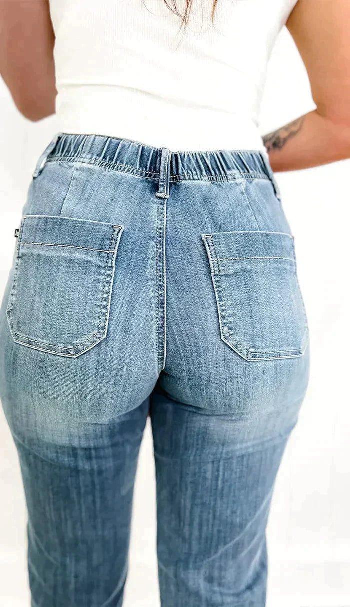Women's Stretchy High Waist Denim Jogger Pants with Drawstring | Perfect for Casual Days