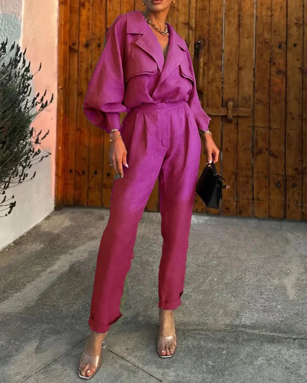 Women's Loose Fit Blazer with Long Pants Two Piece Set | Ideal for Summer