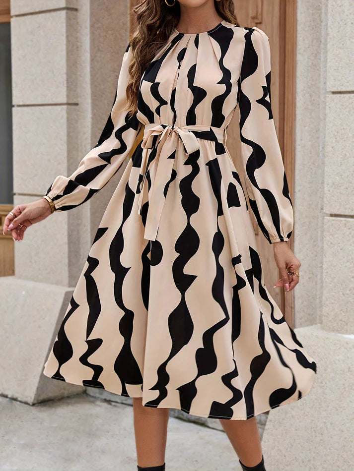 Stylish Allover Print Crew Neck Long Sleeve Tie Waist A-Line Formal Dress for Women | Ideal for Formal Occasions