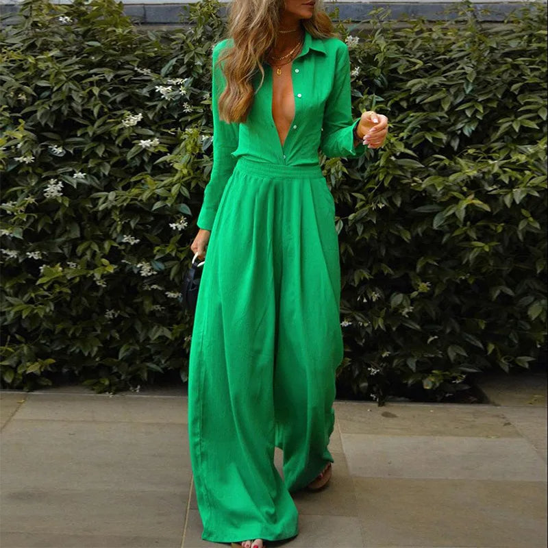 Women's Buttoned Elastic Waist Outfit set