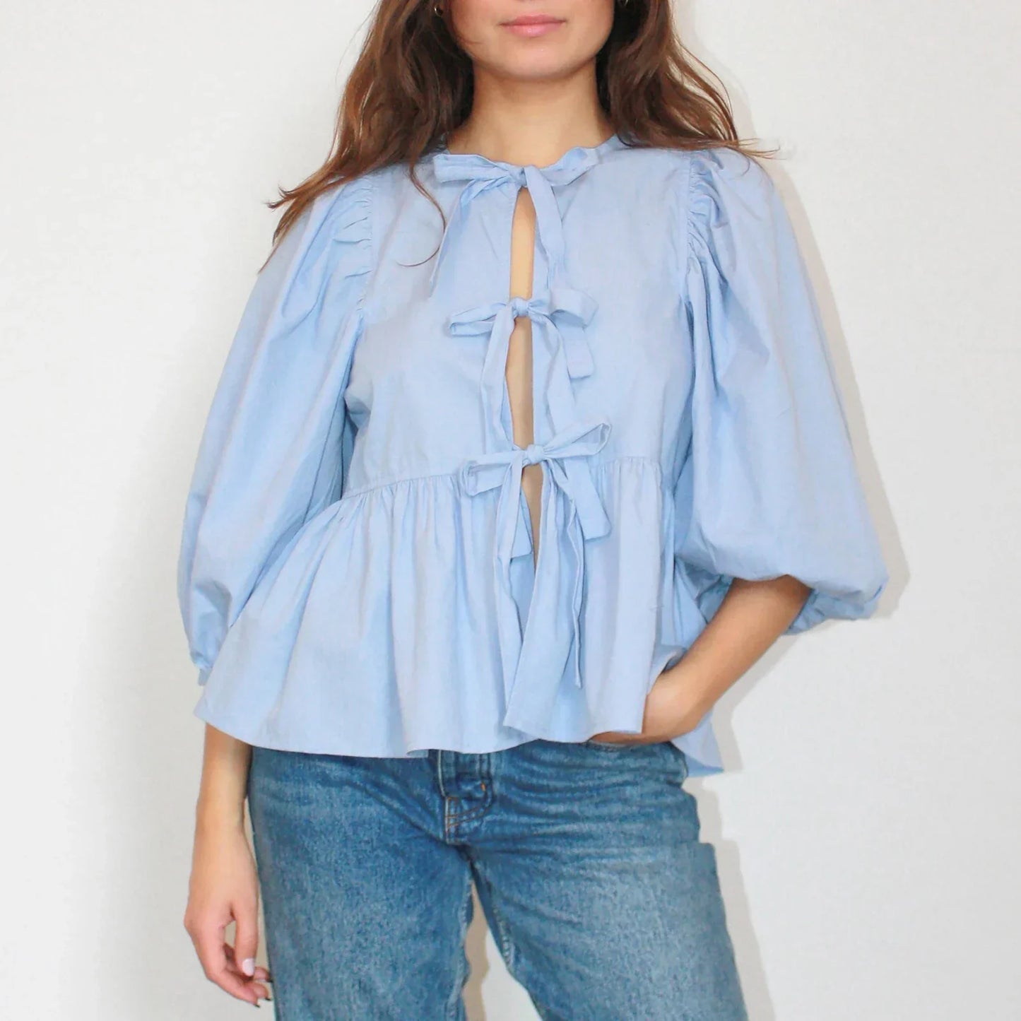 Women's Playful Stretchy Blouse with Puff Sleeves and Back Cut-Out Design