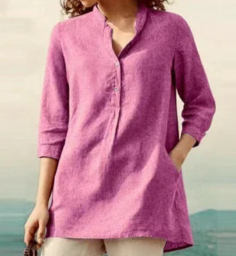 Women's Casual Linen Cotton Top with Stand-Up Collar
