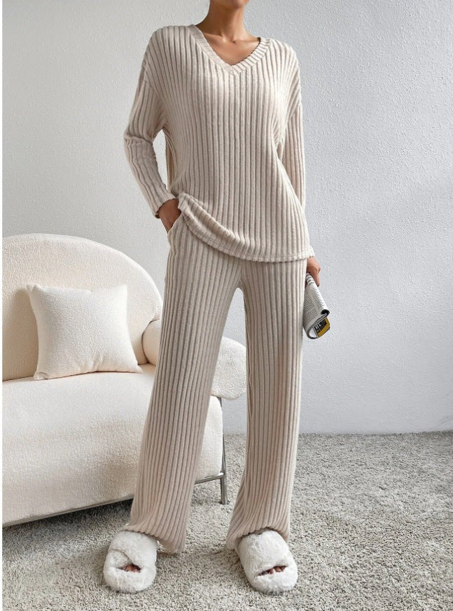 Women's Warm Rib V-neck Sweater and Pants Co ords Set | Ideal for Spring/Summer