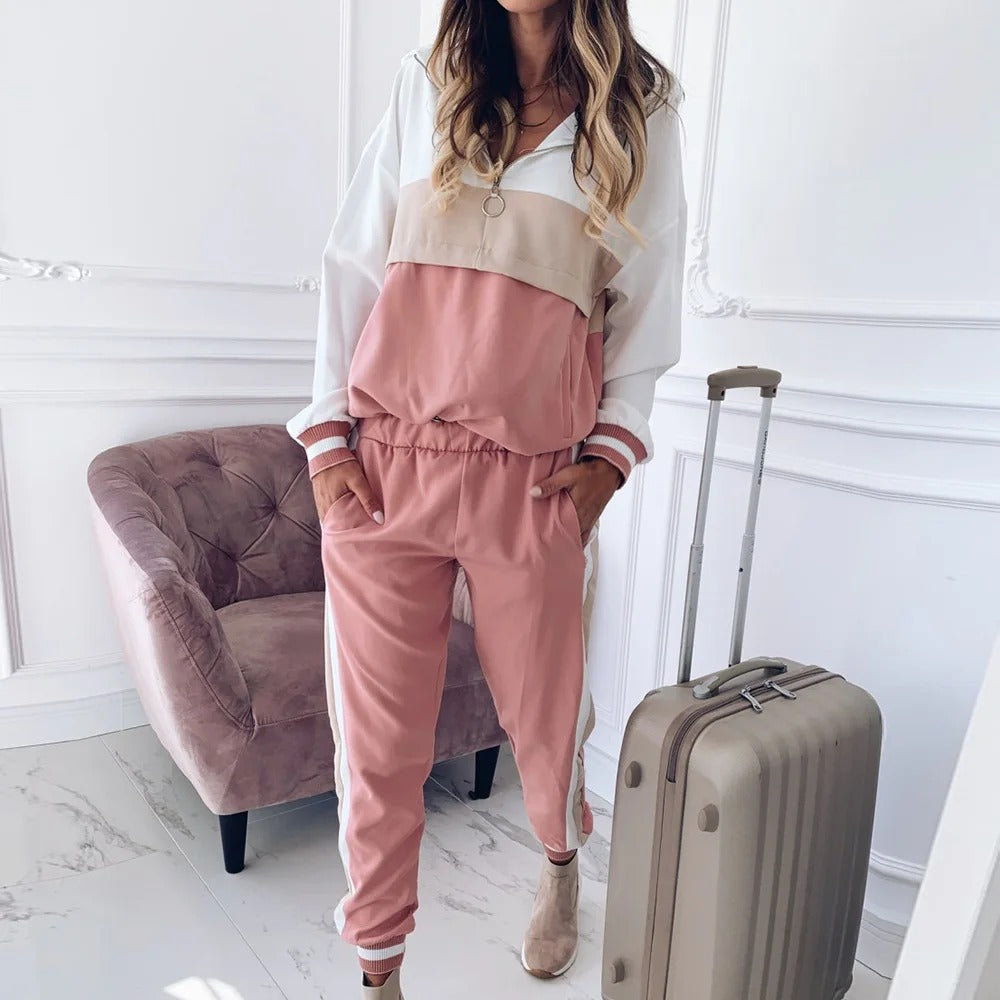 Women's Long-Sleeve Color Block Hoodie and Jogger Pants Co ords Set | Ideal for Spring/Summer