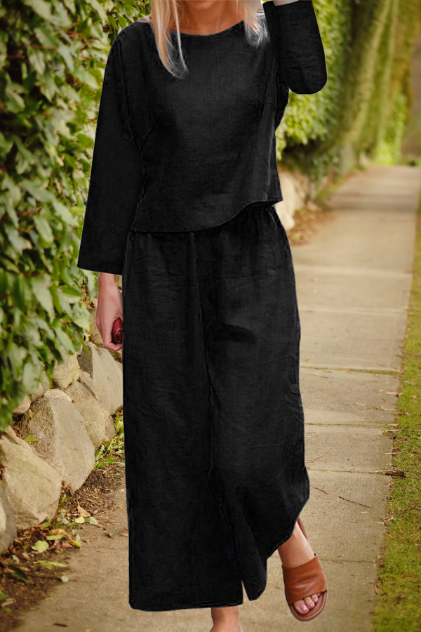 Women's Elegant Linen Co-Ord Set with Long Sleeve Top and Wide Leg Trousers | Ideal for Spring/Summer