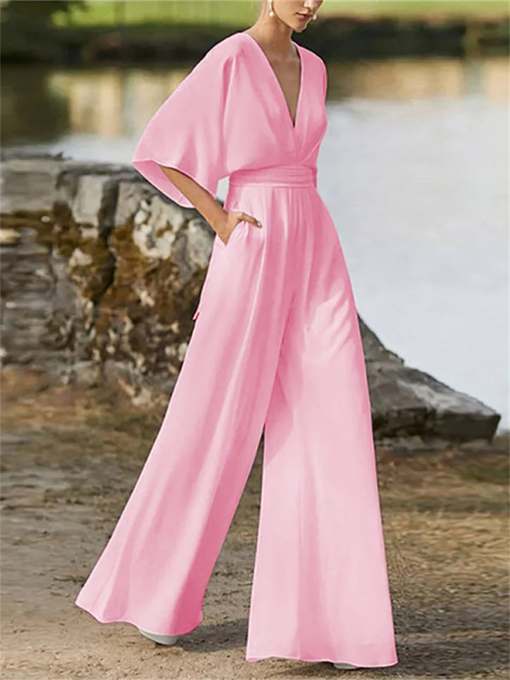 Women's Elegant V-Neck Jumpsuit with 3/4 Sleeves | Ideal for Spring/Summer