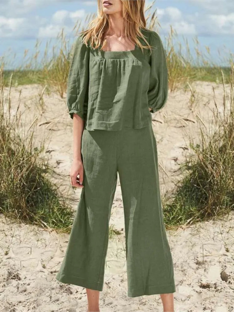 Women's Comfortable Square Neck Linen Top and Wide-Leg Pants Co ords Set | Ideal for Spring/Summer