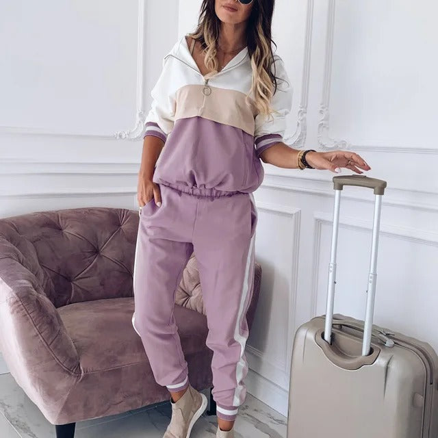 Women's Long-Sleeve Color Block Hoodie and Jogger Pants Co ords Set | Ideal for Spring/Summer