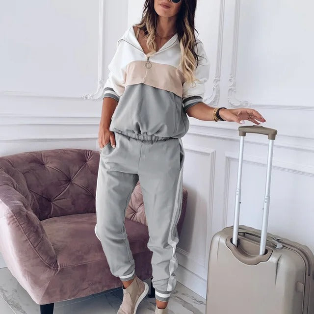 Women's Long-Sleeve Color Block Hoodie and Jogger Pants Co ords Set | Ideal for Spring/Summer