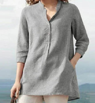 Women's Casual Linen Cotton Top with Stand-Up Collar