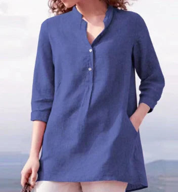 Women's Casual Linen Cotton Top with Stand-Up Collar