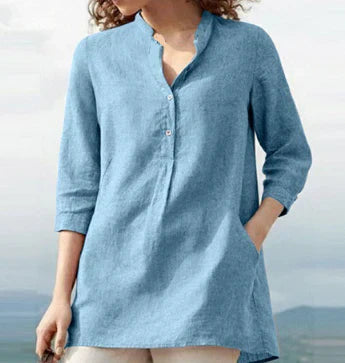 Women's Casual Linen Cotton Top with Stand-Up Collar
