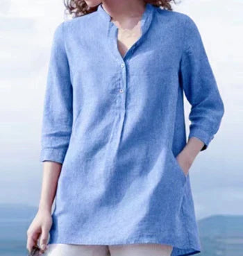 Women's Casual Linen Cotton Top with Stand-Up Collar