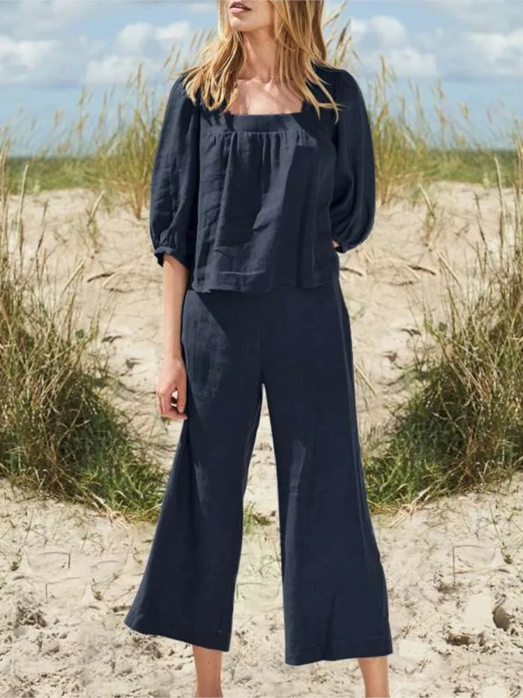 Women's Comfortable Square Neck Linen Top and Wide-Leg Pants Co ords Set | Ideal for Spring/Summer