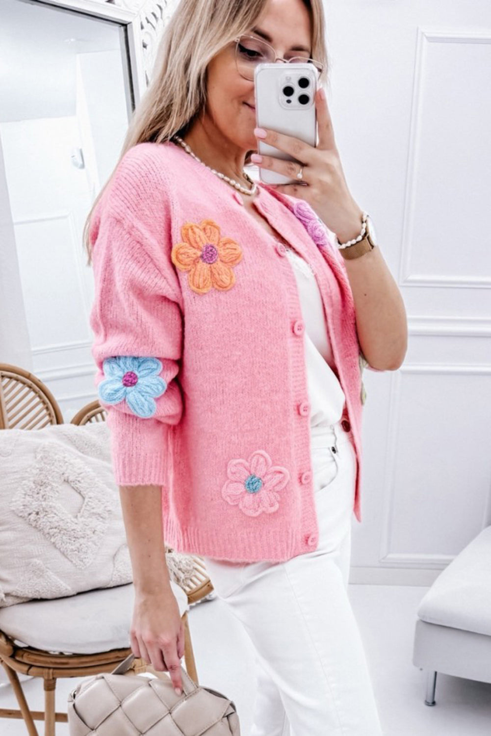 Women's Stylish Floral Embroidery Knitted Cardigan with Buttons | Ideal for Winter