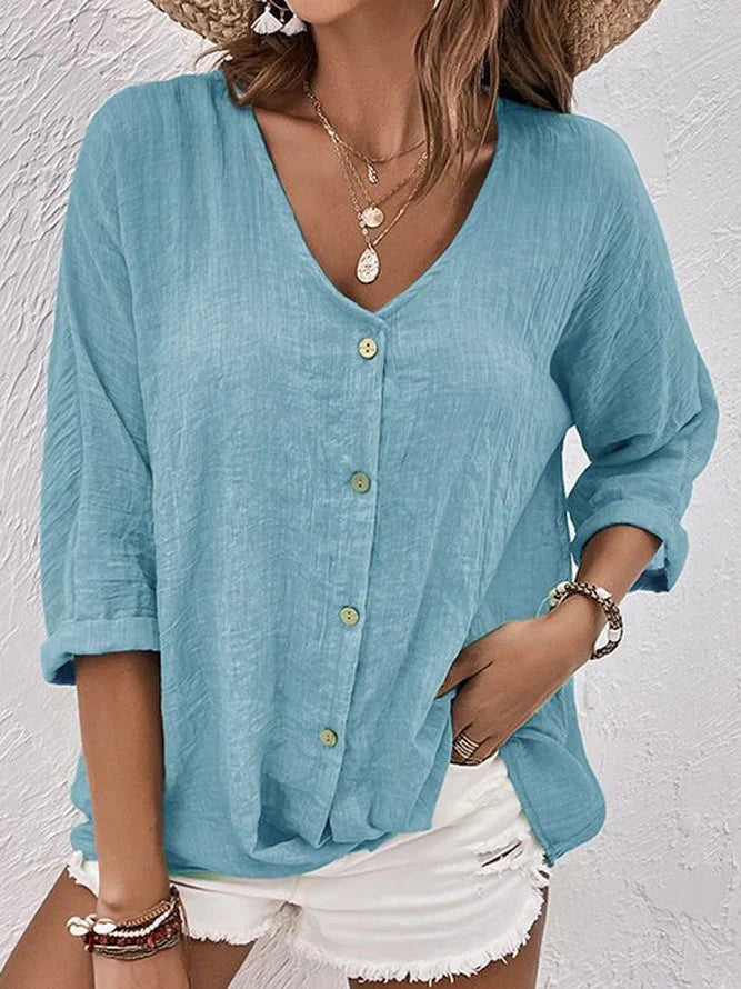 Women's Stylish Linen Blouse with V-Neck Design