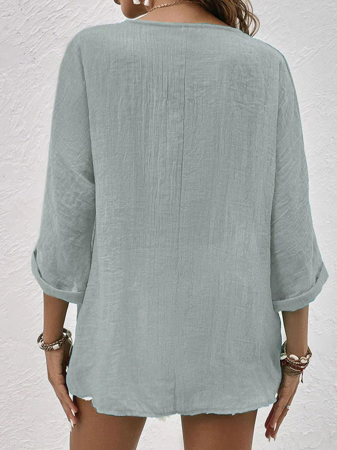 Women's Stylish Linen Blouse with V-Neck Design