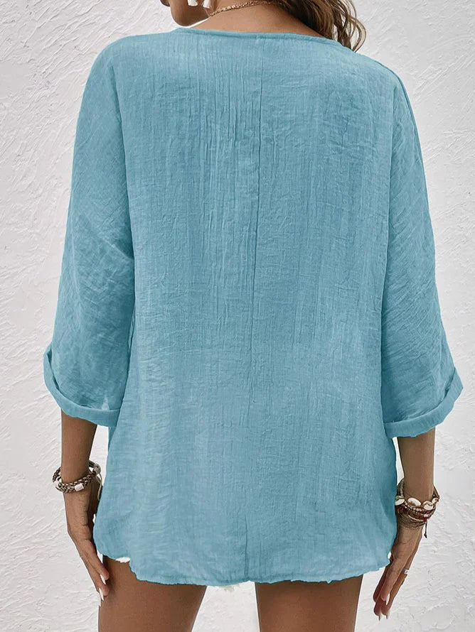 Women's Stylish Linen Blouse with V-Neck Design