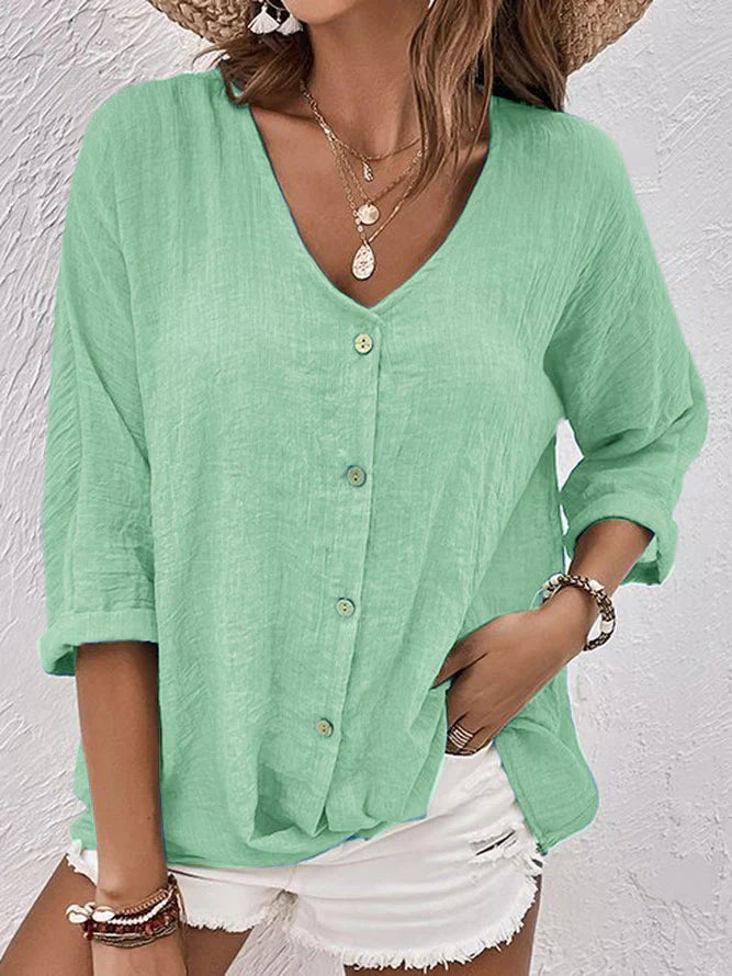 Women's Stylish Linen Blouse with V-Neck Design